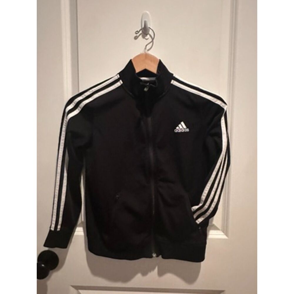 Adidas Classic Black with White Stripes Track Boy Jacket Size 8